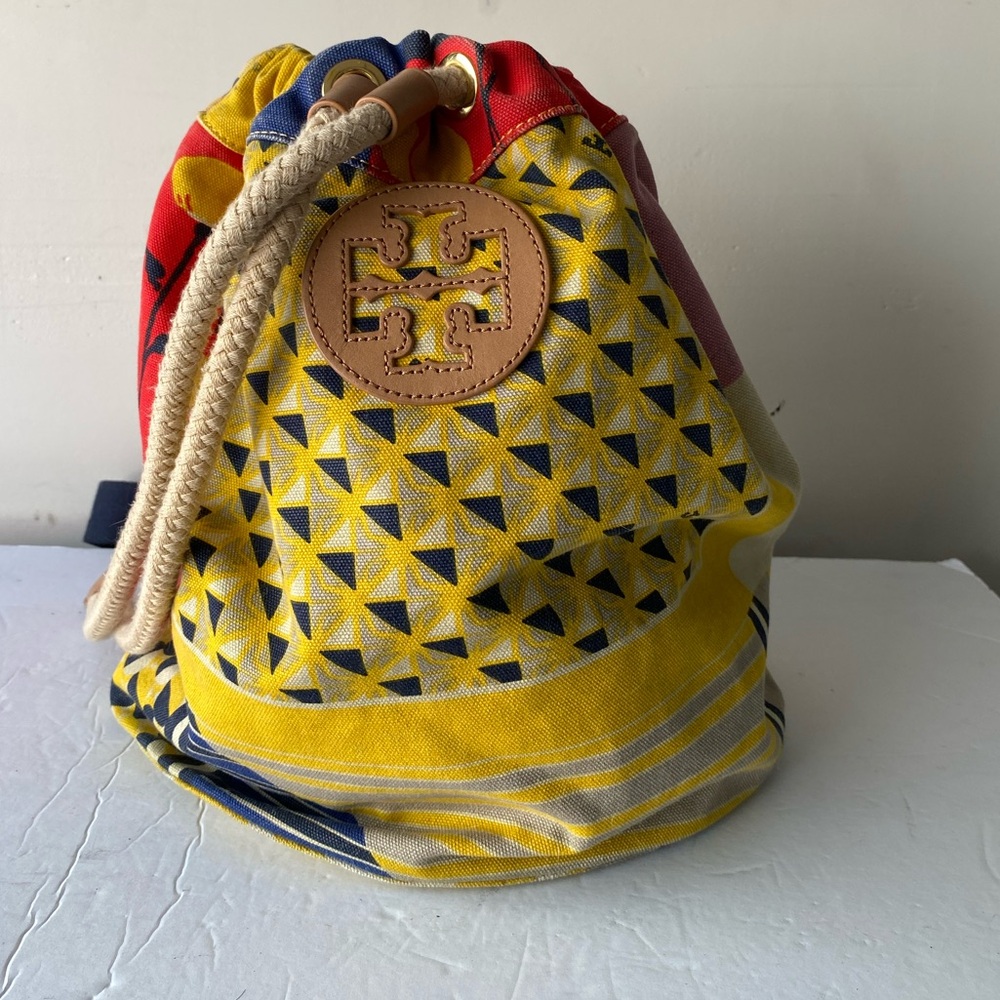Rare Tory Burch Patchwork Canvas Drawstring Backp… - image 2